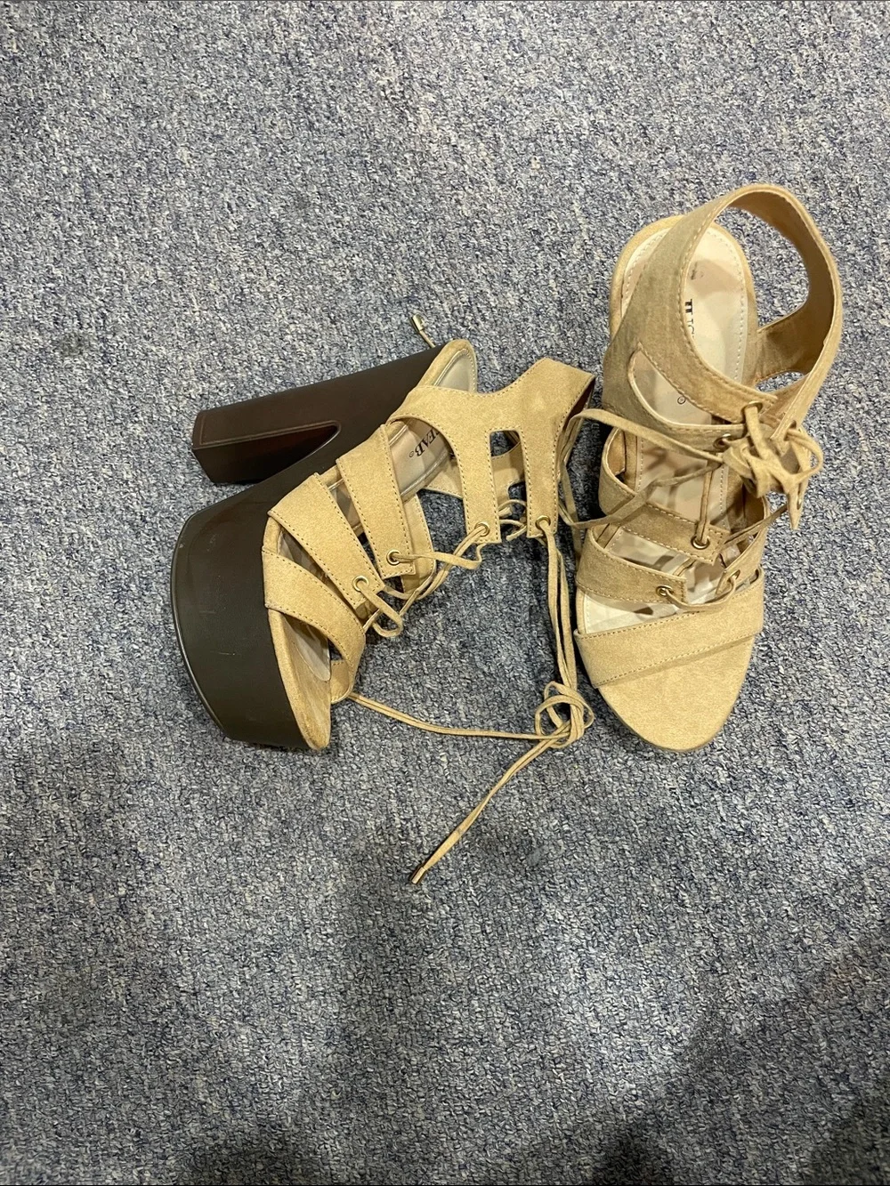 JustFab Beige Suede Lace-Up Platform Sandals with Brown Block Heel